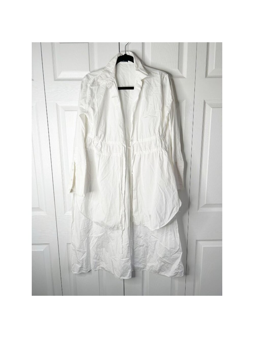 Jil Sander Navy White Woven High Low Drawstring Shirt Women's Size FR 38